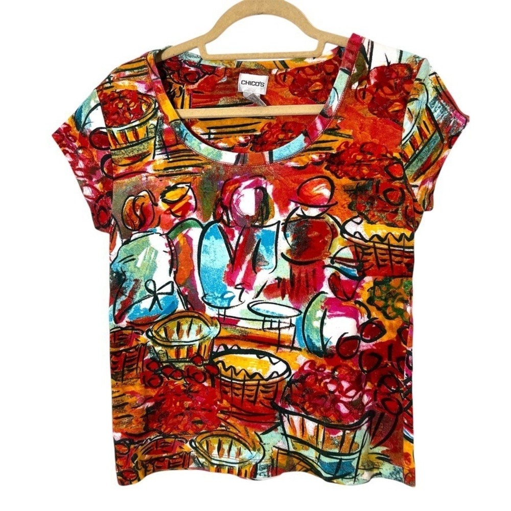 Chico's T-Shirt Womens 1 Cotton Scoop Neck Multicolor Abstract Folk Art Unique